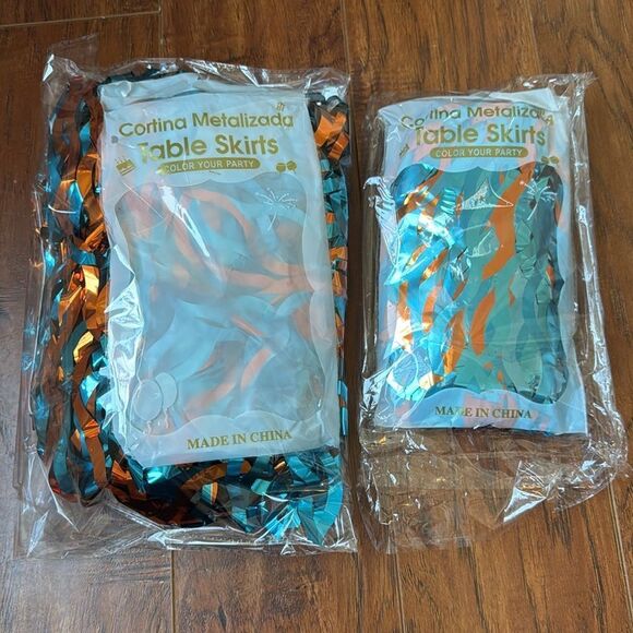 NWT 2 Pack Tinsel Foil Fringe Table Skirt, 108.3 x 29.5” Blue Orange Wavy Party - Picture 2 of 9